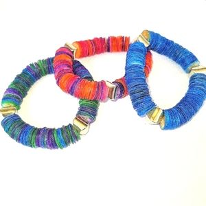 Shell and Silvertone Stretch Bracelet Set in Blues,Reds and Greens, Unisex